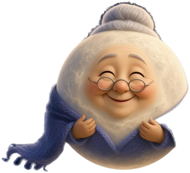 Abuela Luna, a smiling moon in a purple shawl