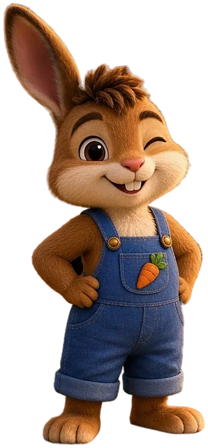 Tío Conejo, a small rabbit in blue dungarees, hands on his hips