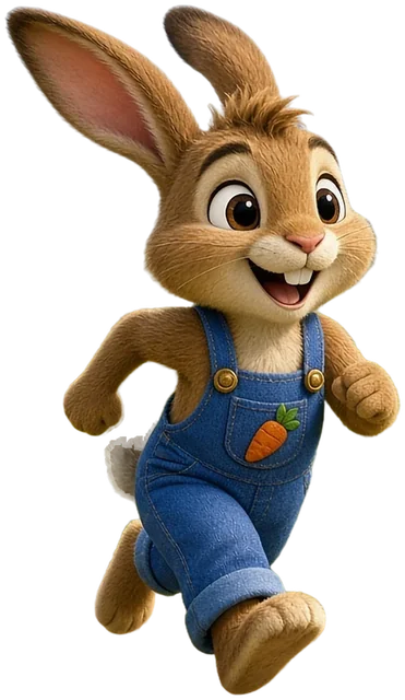Tío Conejo, a small brown rabbit in blue dungarees, walking happily