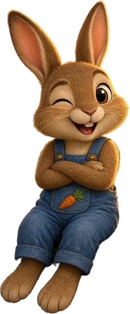 Tío Conejo, a small rabbit in blue dungarees, sitting