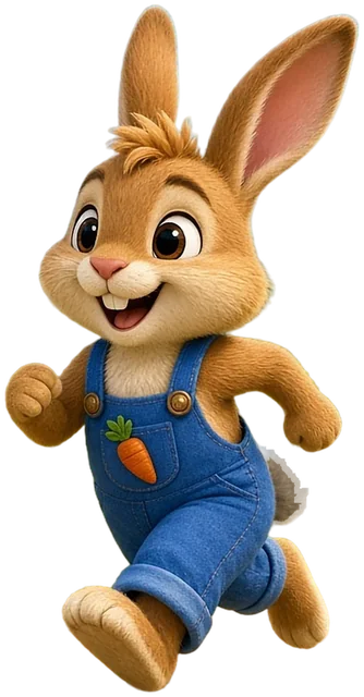 Tío Conejo, a small rabbit in blue dungarees, walking