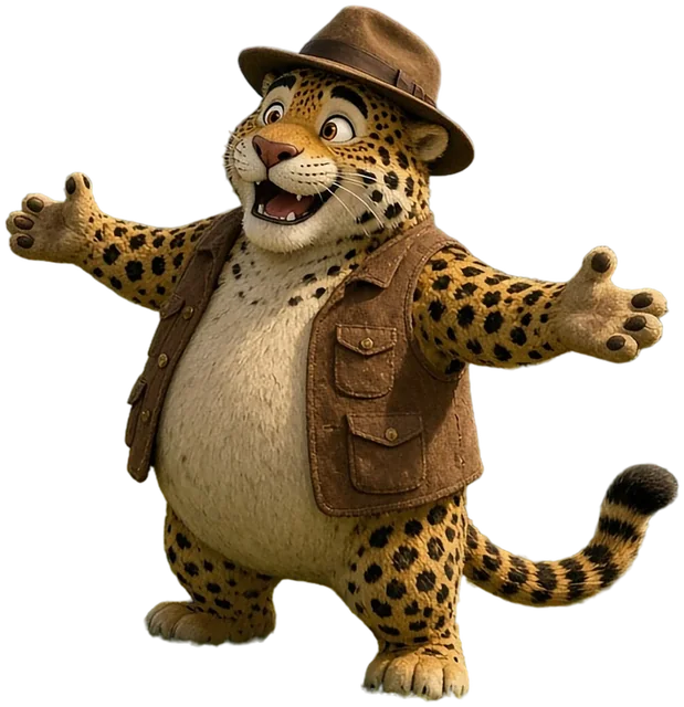 Tío Tigre, a big jaguar in a brown hat and vest, arms wide