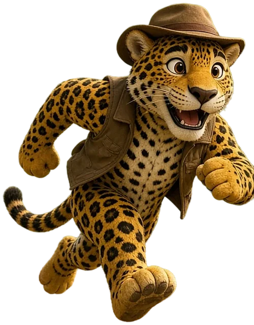 Tío Tigre, a big jaguar in a brown hat and vest, on the chase